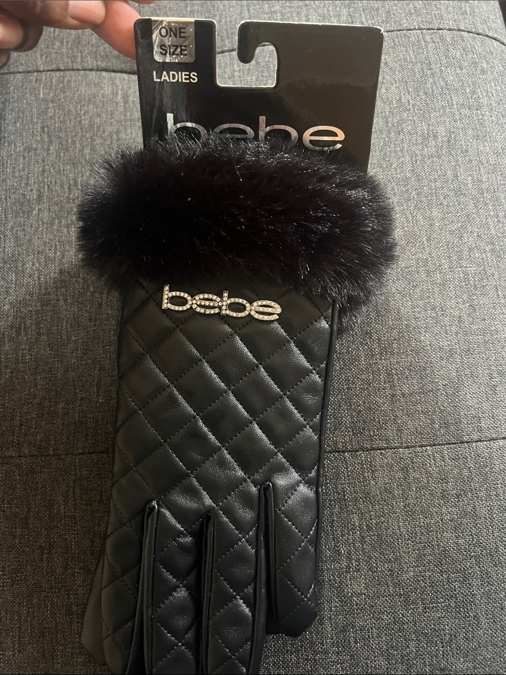 bebe Black Quilted Faux Leather Gloves with Fur Trim and Rhinestone Logo - Picture 3 of 3